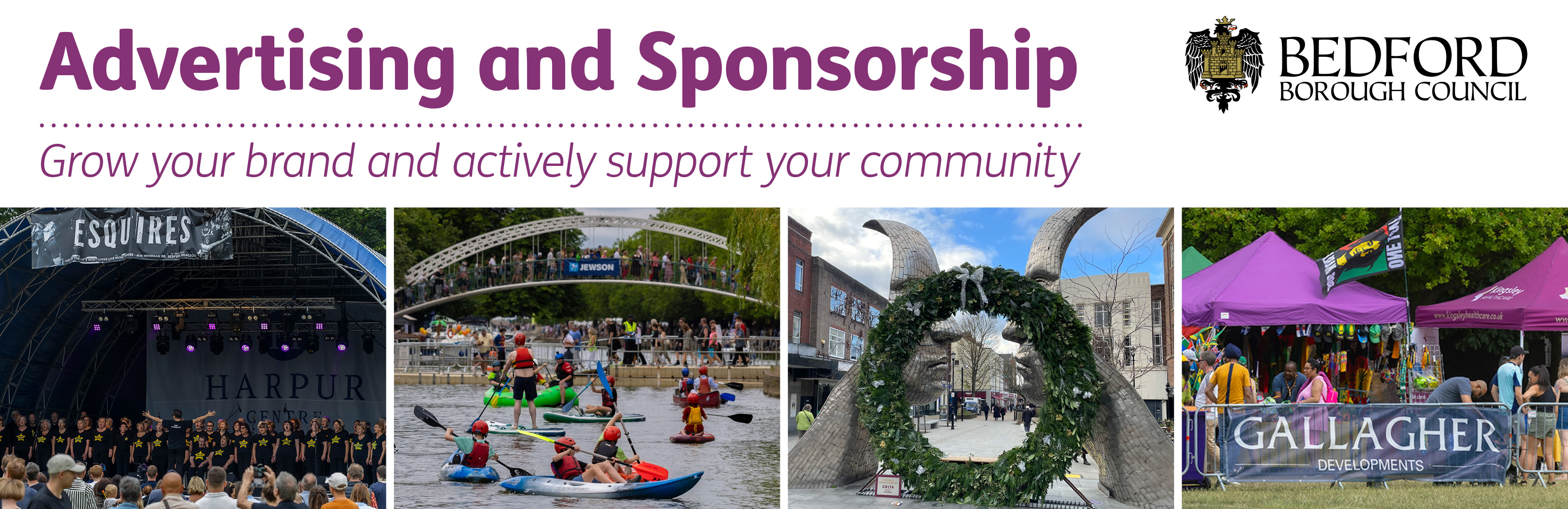 Four images in a row showing different outdoor events with text: Advertising and Sponsorship. Grow your brand and actively support your community