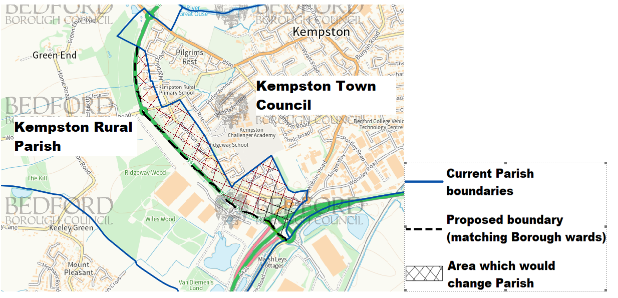 Map showing Kempston current and proposed boundaries