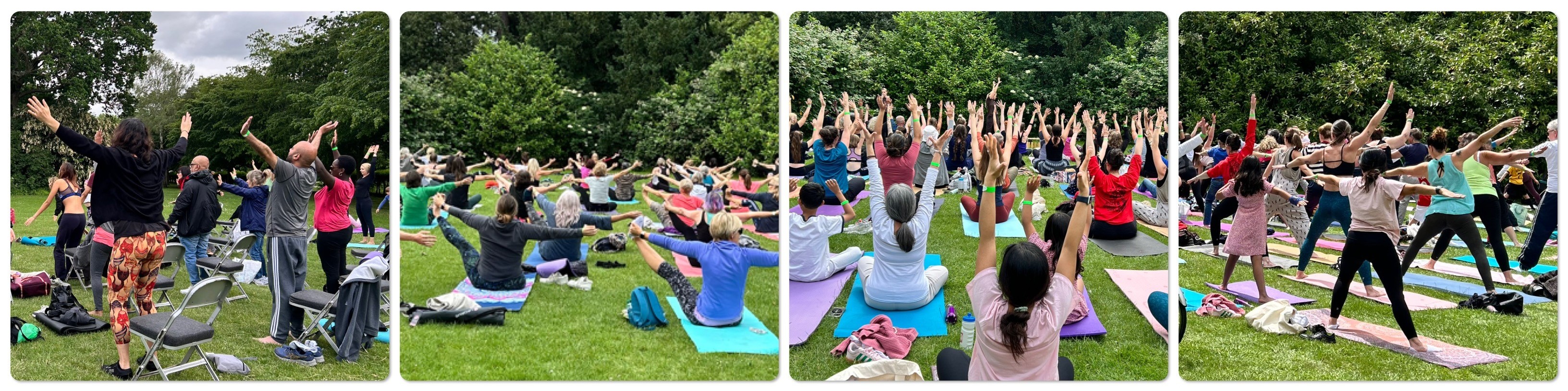 Four images in a row showing people doing yoga in open space