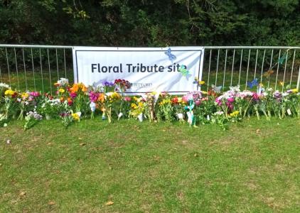Floral tributes for Her Majesty Queen Elizabeth II at Russell Park. 