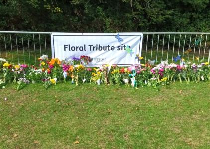 Floral tributes for Her Majesty Queen Elizabeth II at Russell Park.