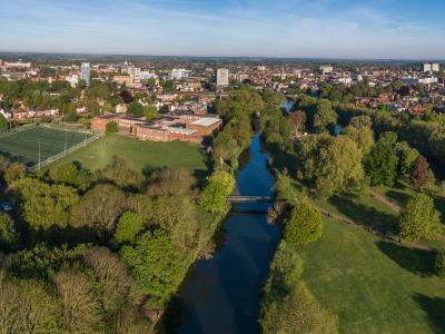 Aerial photo of Royal Engineers Bridge and the River Great Ouse