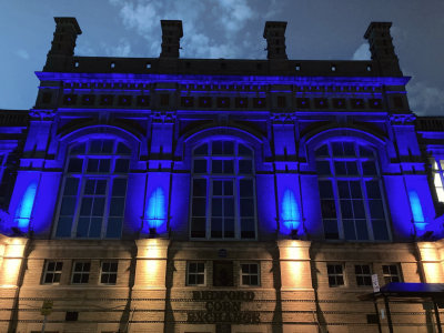 Bedford Corn Exchange lit in blue and yellow for Ukrainian independence day.