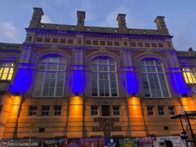 Bedford Corn Exchange lit in blue and yellow lights to show support for Ukraine.
