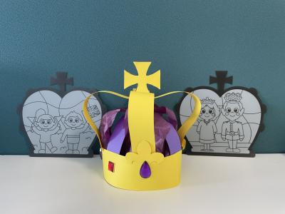 Children's crafts, a paper crown and colouring sheets