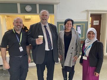 Mayor of Bedford Borough Tom Wootton with Sgt Phil Boyd of Bedfordshire Police, Councillor Andrea Spice, and Fsella Afzal-Pagliari of housing association bpha