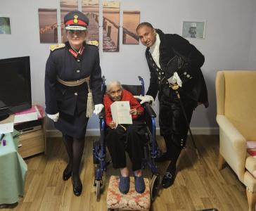 Radhabai Kathane with Susan Lousada, Lord Lieutenant of Bedfordshire, and Bav Shah, High Sherriff of Bedfordshire crop