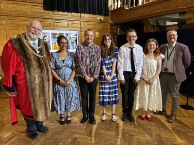 Our interns with the Mayor, council officer Chris Morris, and Bedford College staff