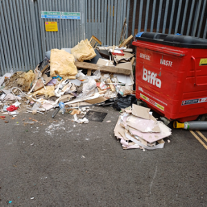 Fly-tipped waste piled by a bin