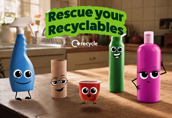 Rescue your recyclables, a trigger spray, cardboard tube, yoghurt pot, aerosol, and a plastic shampoo bottle