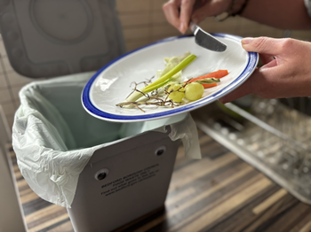 Plate being scraped into food waste kitchen caddy