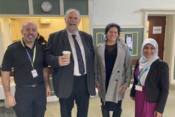 Mayor of Bedford Borough Tom Wootton with Sgt Phil Boyd of Bedfordshire Police, Councillor Andrea Spice, and Fsella Afzal-Pagliari of housing association bpha