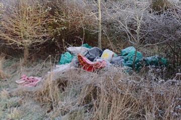 Fly-tipping in an area of grass and shrubs