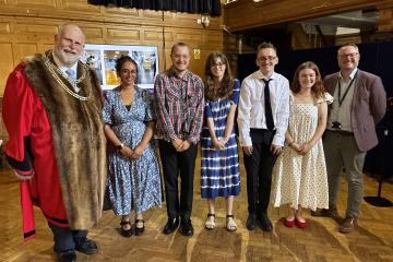 Our interns with the Mayor, council officer Chris Morris, and Bedford College staff
