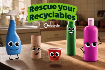 Rescue your recyclables, a trigger spray, cardboard tube, yoghurt pot, aerosol, and a plastic shampoo bottle