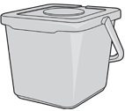 Drawing of a small grey plastic box with lid and handle for collecting food waste